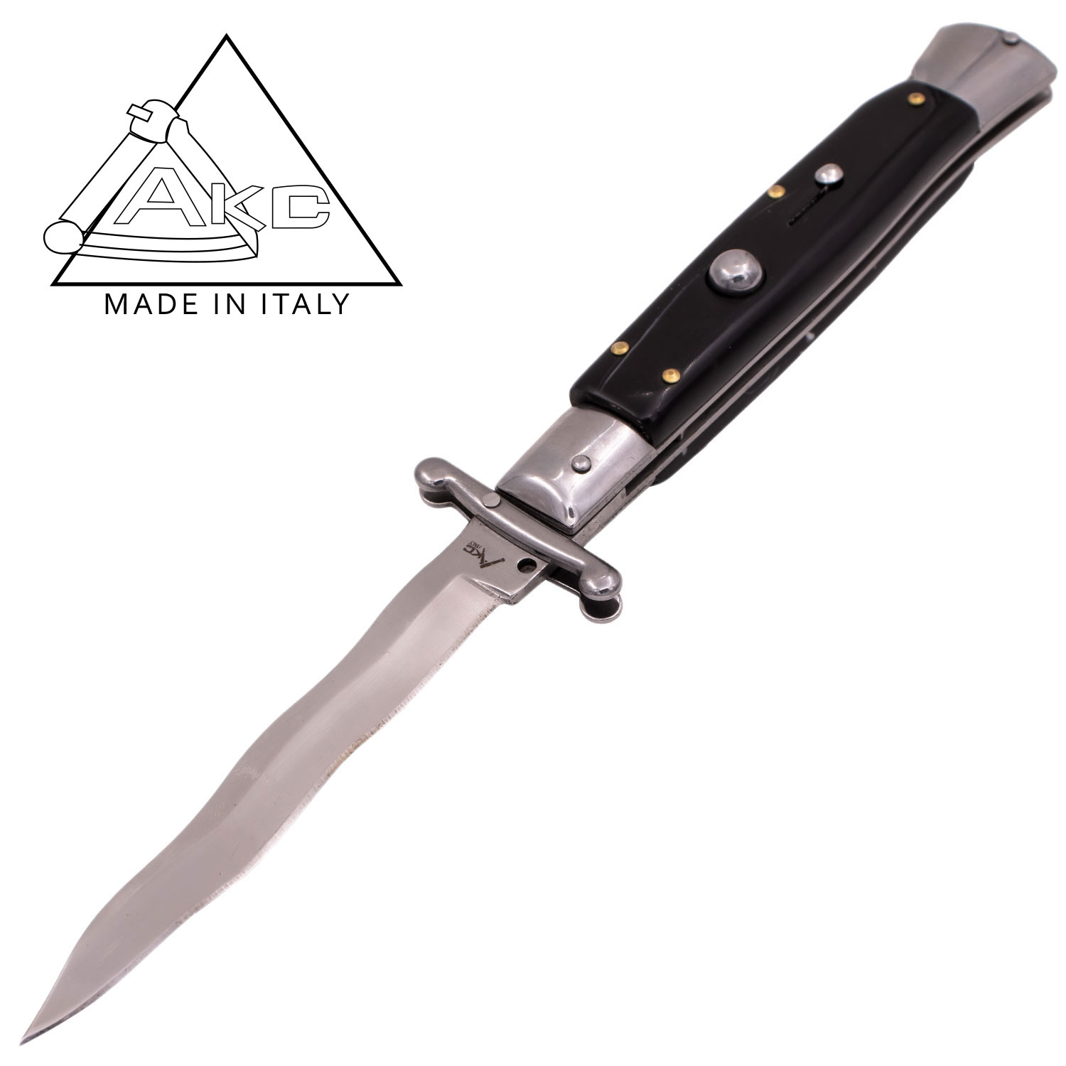 AKC 9.60 Inch Automatic Italiano Knife with Guard Kriss (Black and White Pearl)